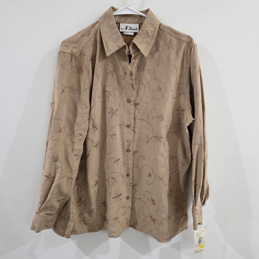 Womens Floral Embroidered Button Up Top Size Large Beige Indie Fairy Boho